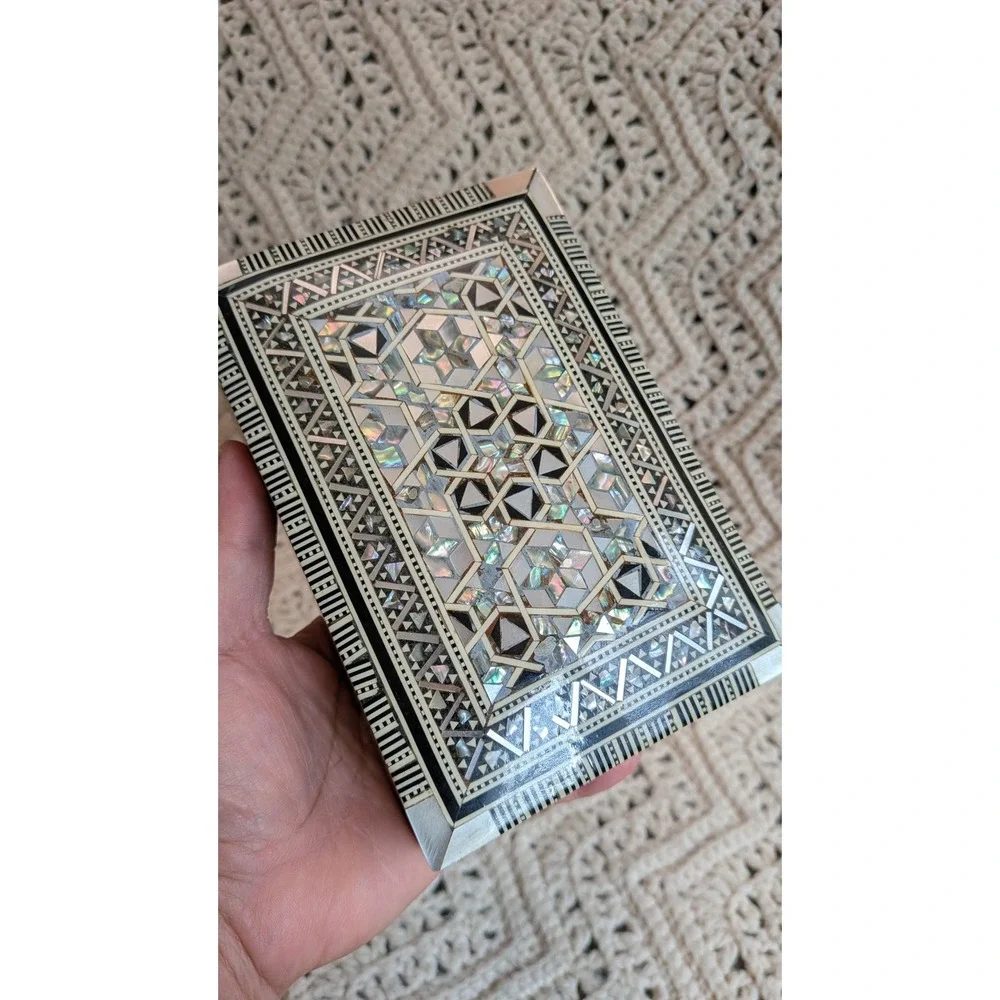 Vintage Mosaic Marquetry Wood Jewelry Box Mother of Pearl Inlay Keepsake